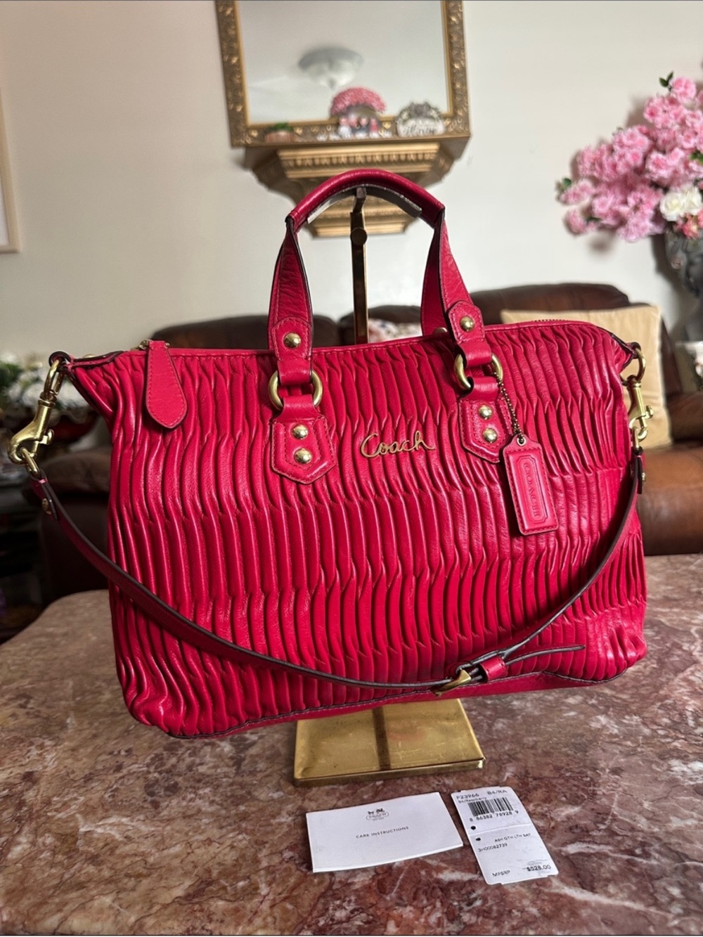 Coach Ashley Gathered Leather Satchel Bag Raspberry Pink F23966